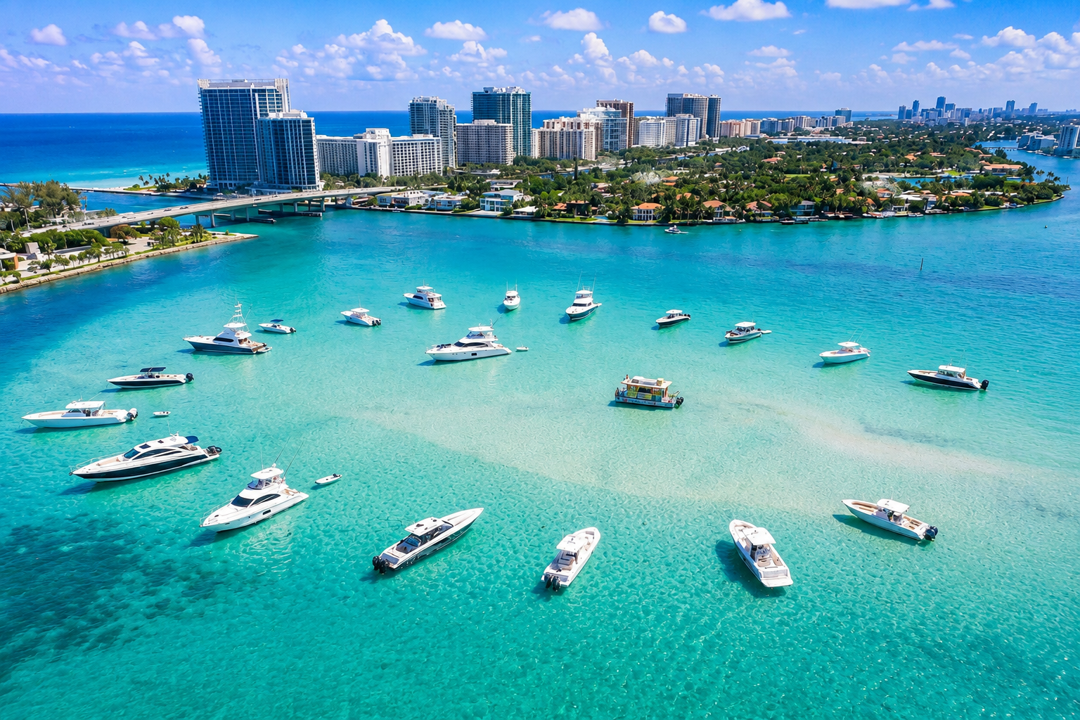 Miami — Haulover Sandbar aerial with turquoise water, anchored boats, and Sunny Isles skyline